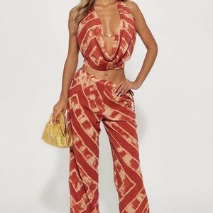 Fashion Nova Red and Cream Pants Set